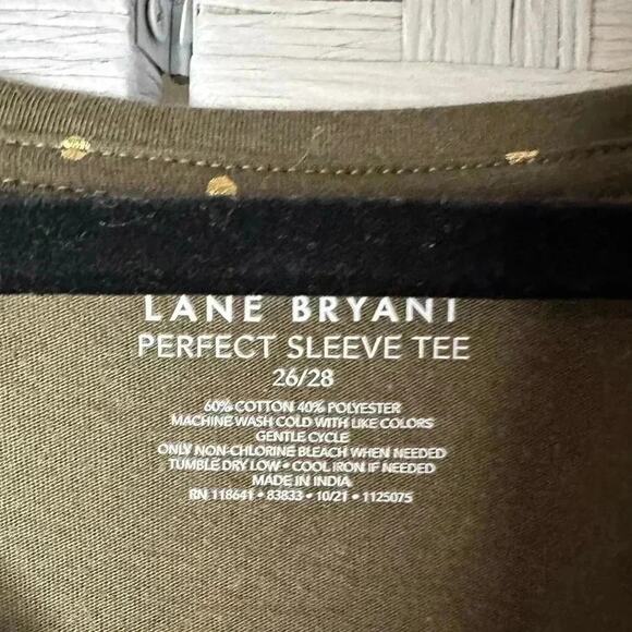 Lane Bryant v-neck, t-shirt, Hunter Green gold polkadots with texture plus size - Picture 3 of 8